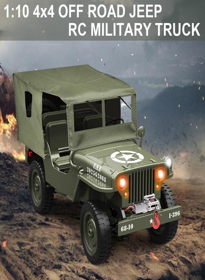 SNACKTANT RC Military Truck Rock Crawler, 1:10 4WD Off-Road Remote Control Military Jeep with Winch, Canvas & 2 Batteries, 2.4G All Terrain Army Climbing Vehicle with LED Lights, for Kids Adult - Image 2